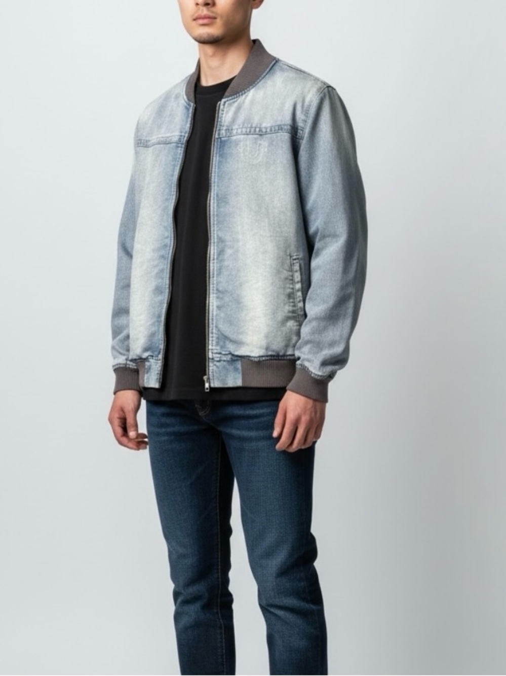 True Religion Men's Full Zip Light Blue Denim Bomber Jacket Ribbed Trim Size M